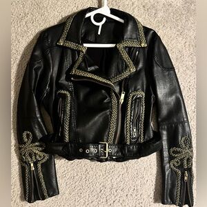 Free People Leather Biker Jacket with gold embellishment